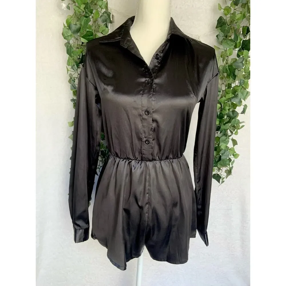 Pretty Little Thing Black Long Sleeve Button up Jumpsuit Women's XS-S - Picture 3 of 11